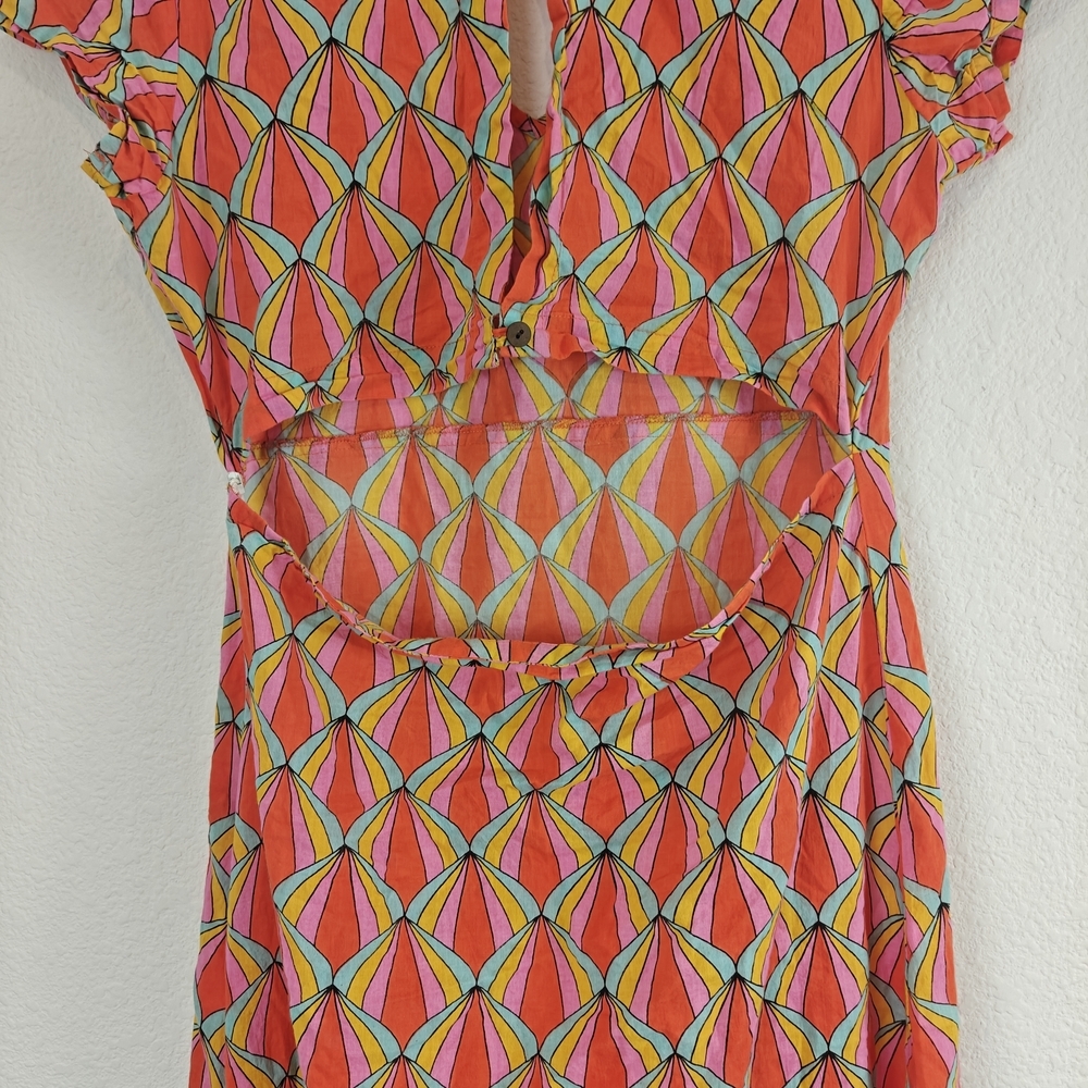 Kalimera Scalloped Geometric Cotton V-Neck Open Back Dress S/M Chic Summer Midi - Picture 12 of 16